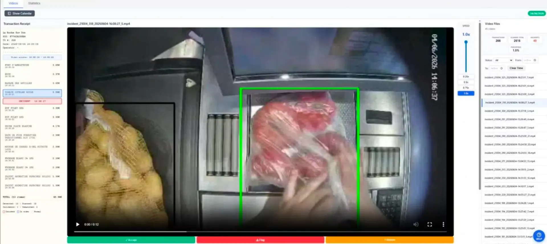 CheckSense supervisor dashboard showing a self-service checkout video feed with an AI bounding box around scanned meat, alongside the transaction receipt and incident video file list.